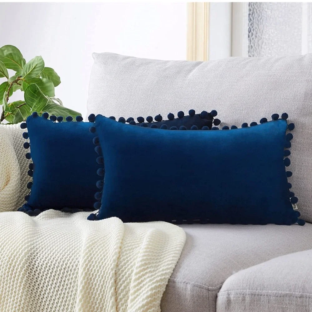 Luxury Home | Navy Blue Chic Soft Velvet Pom Pom Trim Lumbar Throw Pillow Covers